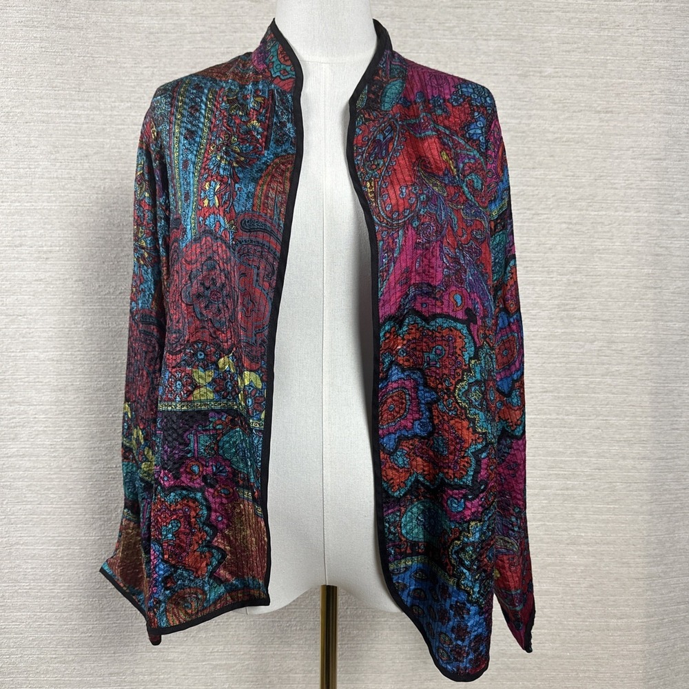 Chicos 100% Silk Jacket Paisley Boho Colorful Open Front Artsy Womens L Size 2 - Picture 4 of 10